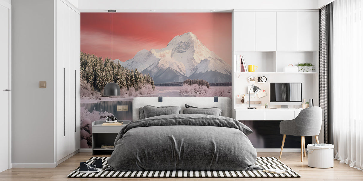 Dining room wall with scenic mountain lake wallpaper creating peaceful mealtime atmosphere