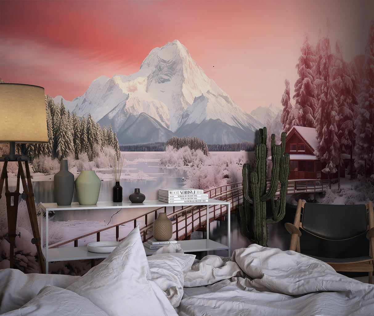 Reading nook with winter mountain scene wallpaper showing calm lake and pink sunset