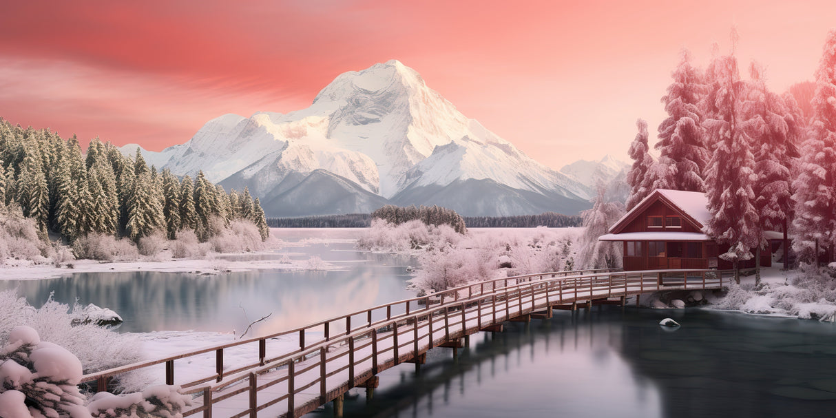 Design file showing detailed mountain landscape pattern with winter lake, cabin and pink sky