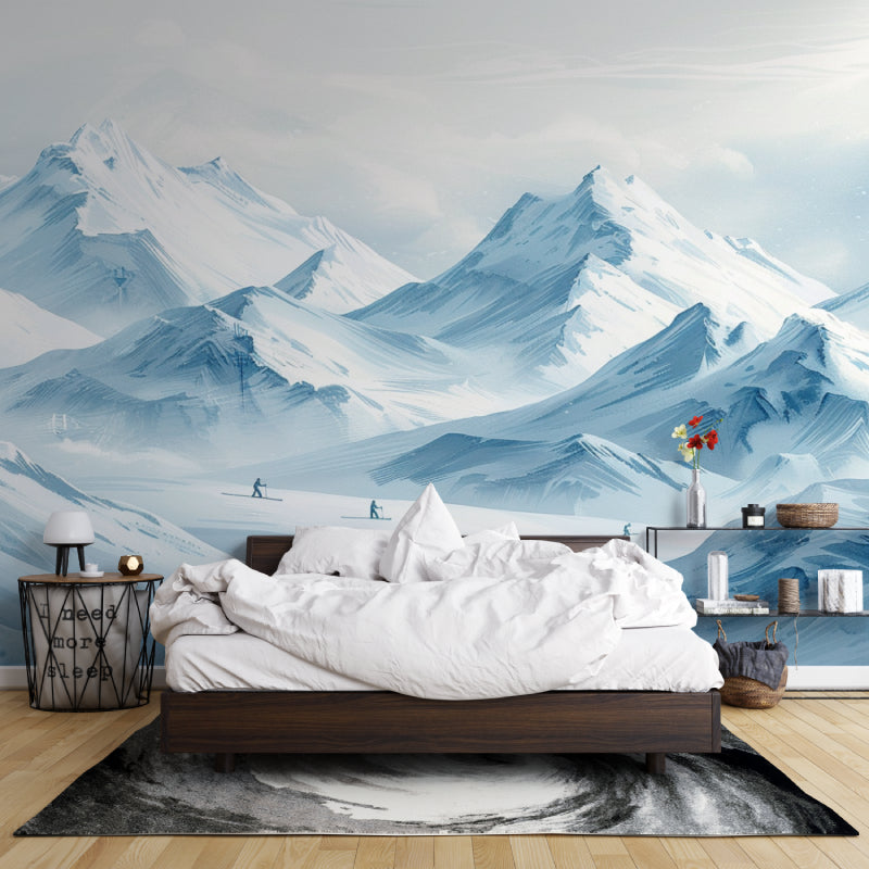 Mountain peak wallpaper in modern living room, showing snowy landscape with blue winter sky