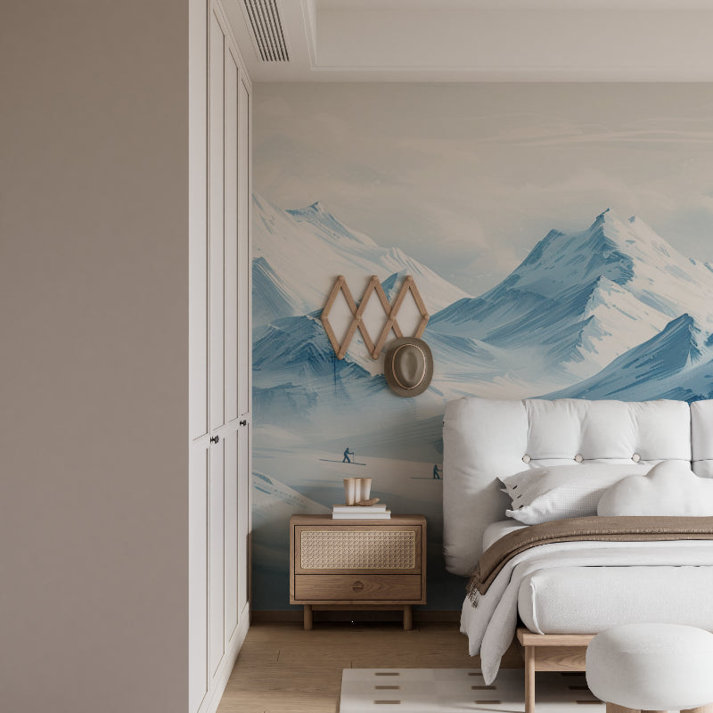 Winter mountain mural creating depth in master bedroom with ski resort scene