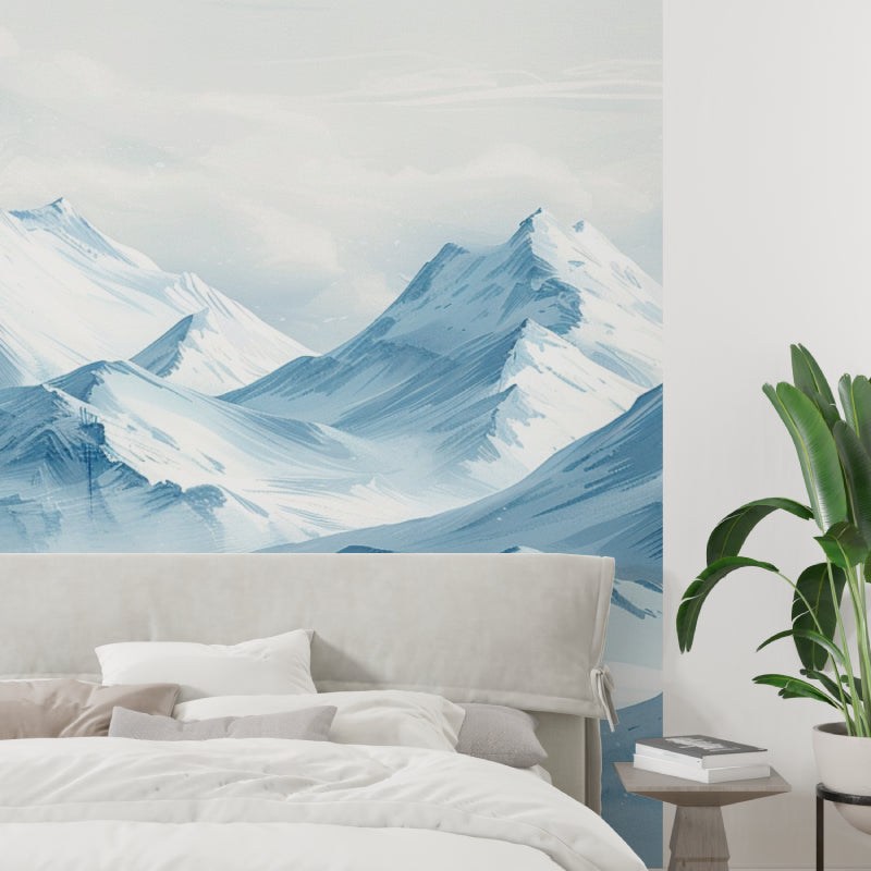Mountain landscape wallpaper brightening dining room with winter scene