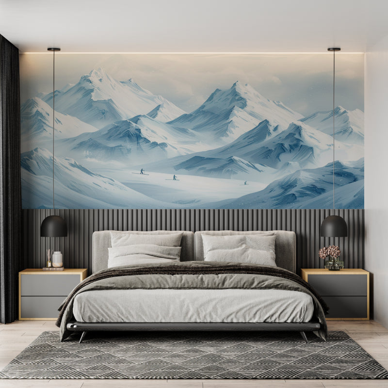 Ski resort wallpaper adding depth to hallway with blue mountain vista