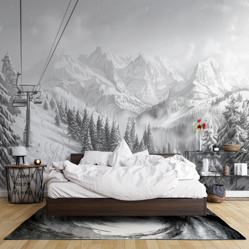 Mountain wallpaper in modern living room showing black and white ski resort scene creating depth