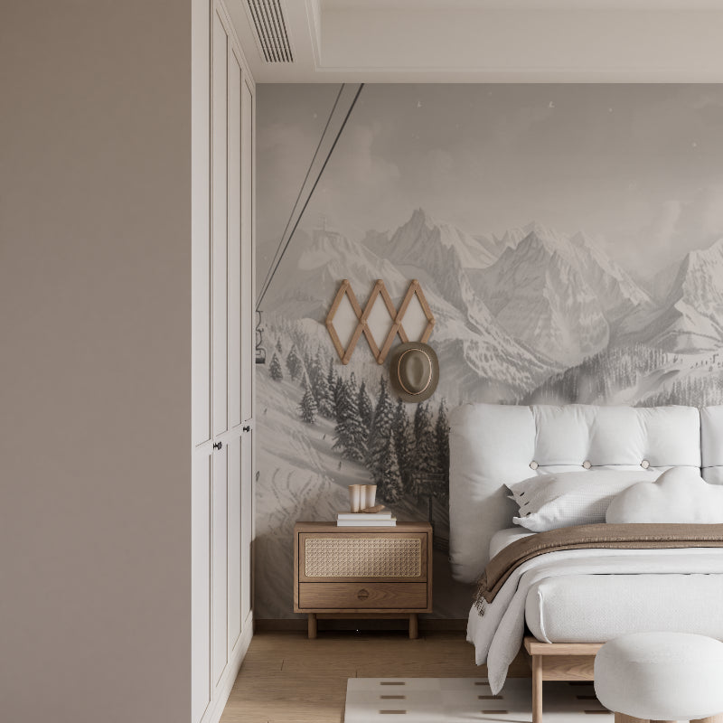 Black and white mountain mural in master bedroom with minimalist decor