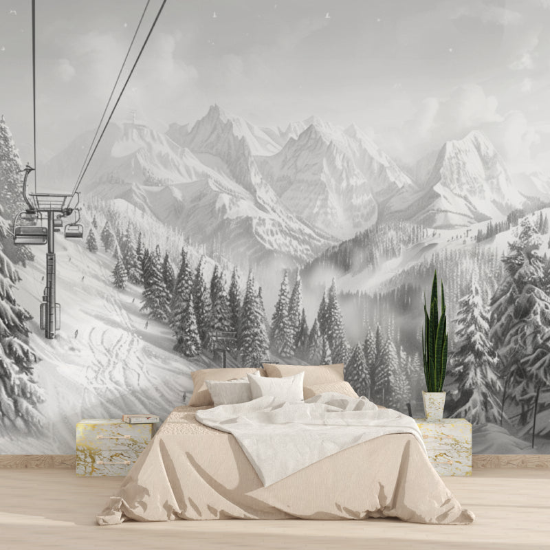 Winter mountain wallpaper in home office showing scale and drama
