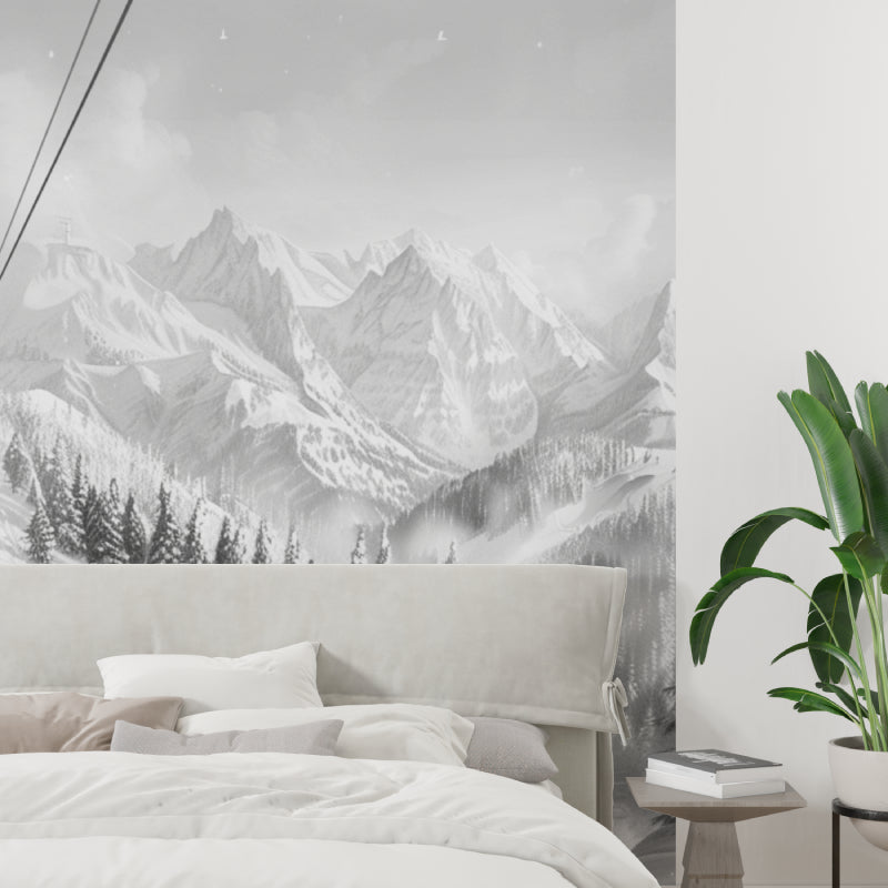 Mountain landscape wallpaper in dining room with monochrome theme