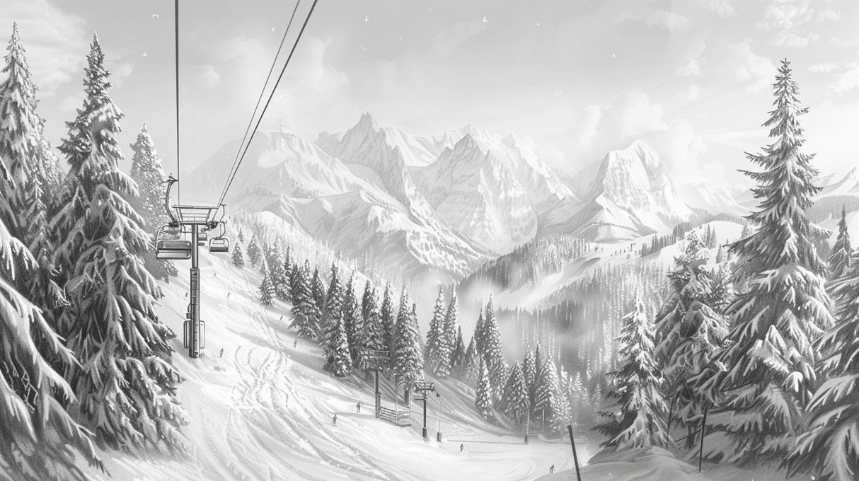 Mountain landscape design file showing detailed black and white winter scene with ski lifts