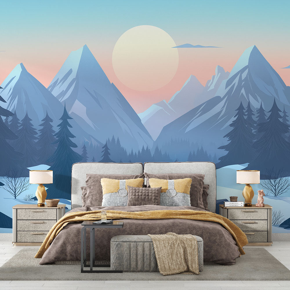 Mountain landscape wallpaper showcased in a bright modern living room, creating a peaceful mountain retreat atmosphere