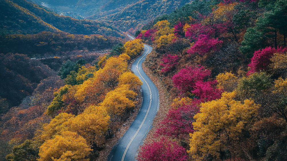Autumn forest mountain road design file showing detailed fall colors and winding path through nature
