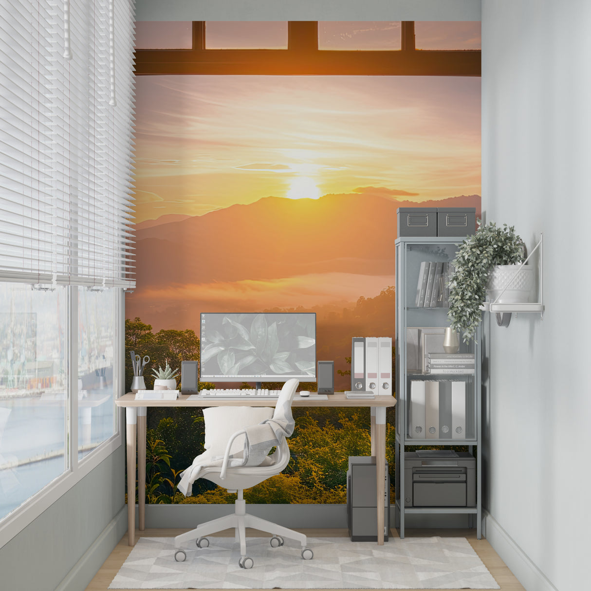 Mountain landscape wallpaper transforming home office space with natural golden light