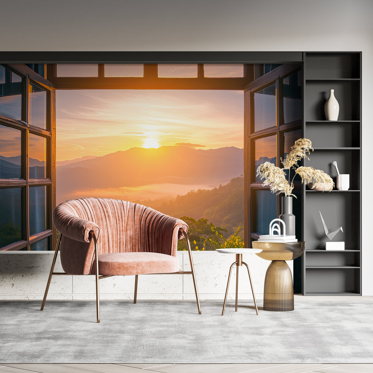Sunset mountain mural adding warmth to minimalist bedroom setting