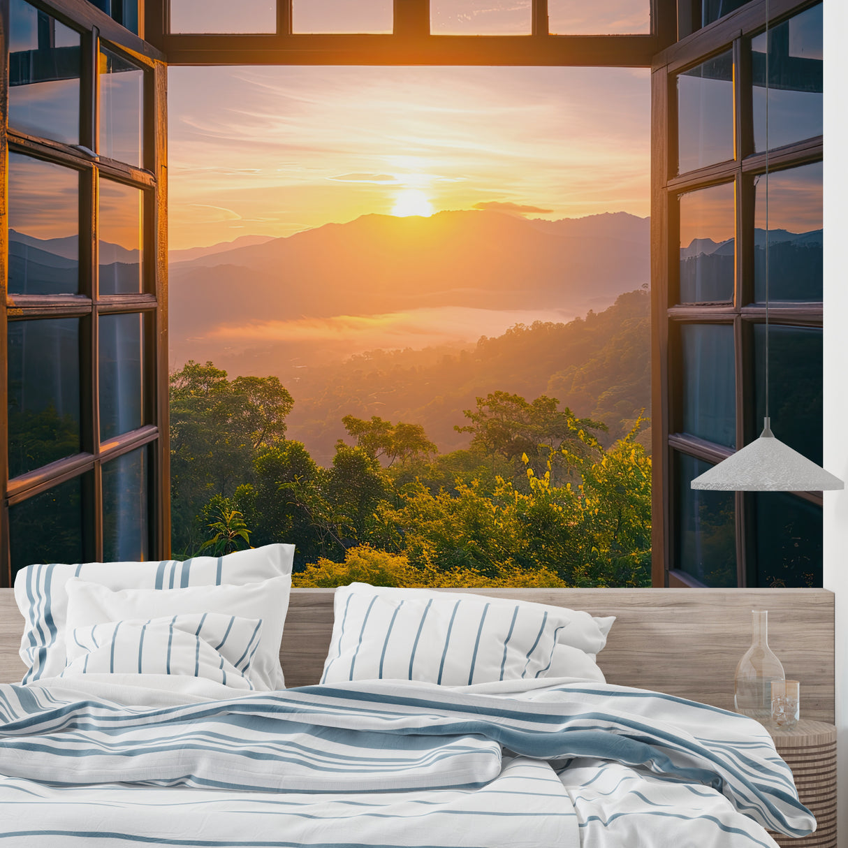 Mountain view wallpaper making dining room feel more spacious and bright