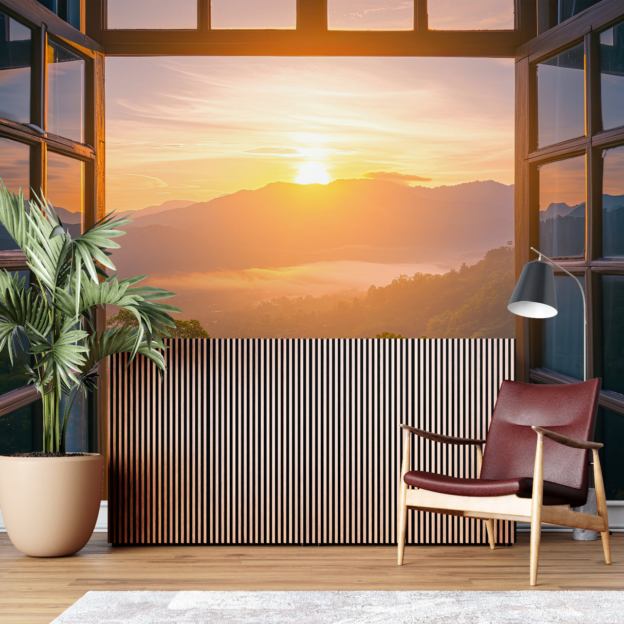 Panoramic mountain wallpaper enhancing meditation room atmosphere
