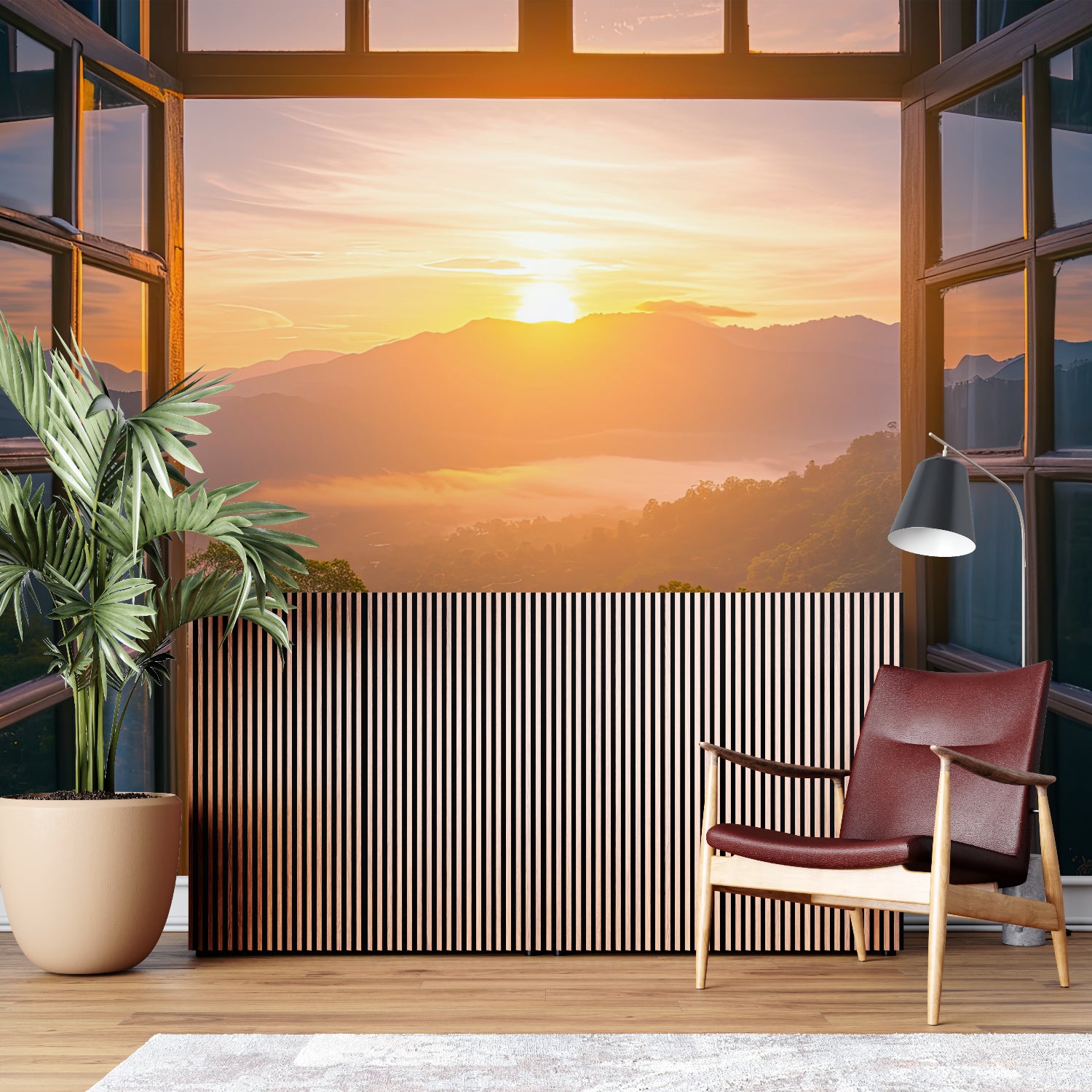 Panoramic mountain wallpaper enhancing meditation room atmosphere