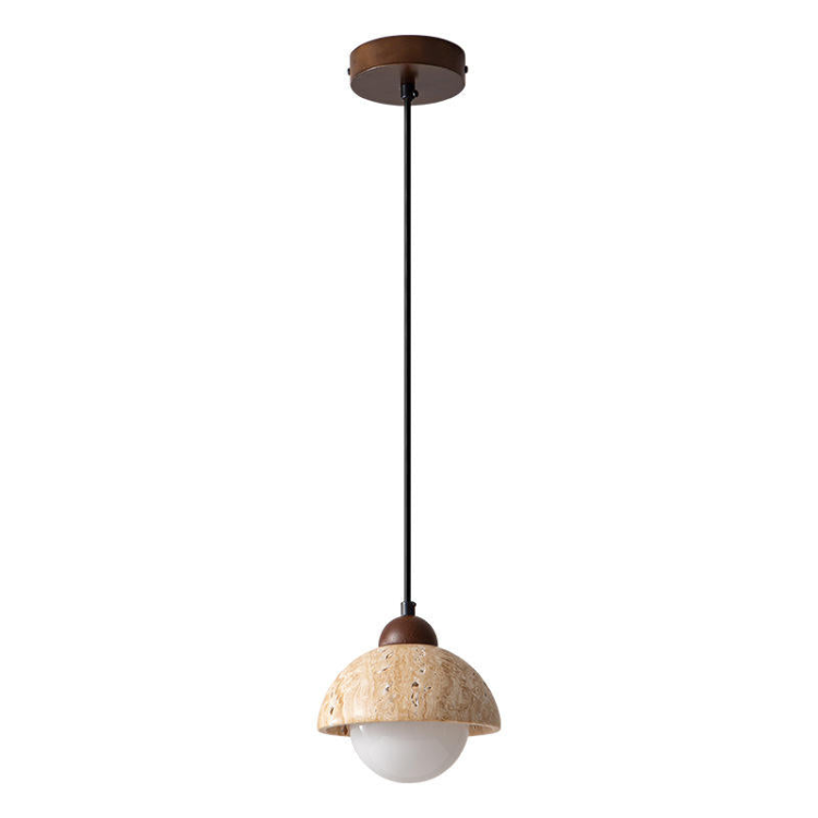 Natural Stone Pendant Light Marble Dome With Walnut Accent - Detailed view