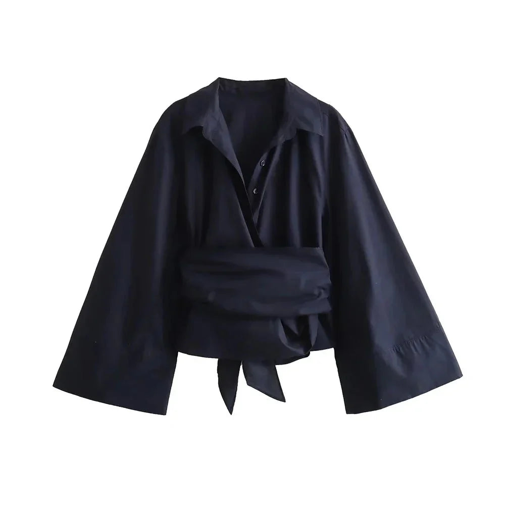 Kimono Wrap Blouse Wide Sleeve Belt Design - Product showcase