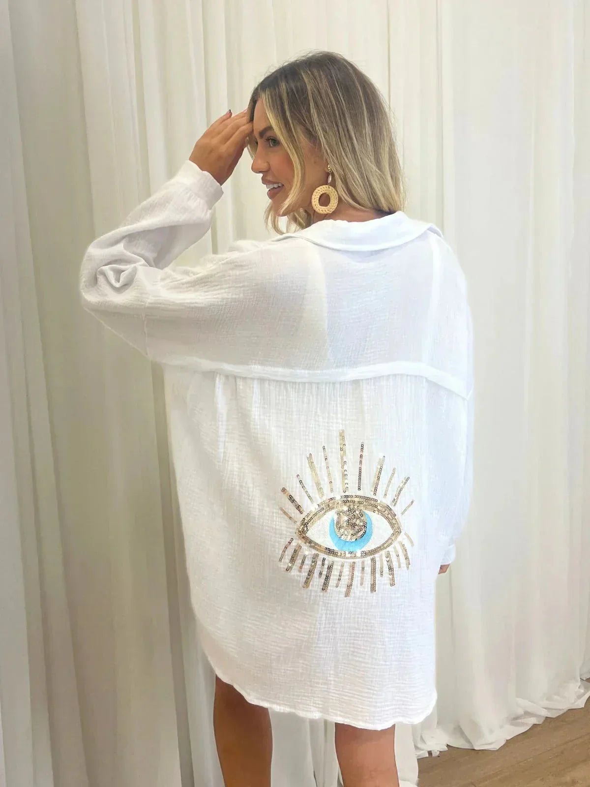 Boho Sequin Shirt Embellished Eye Design Beach Cover Up - Product detail 9