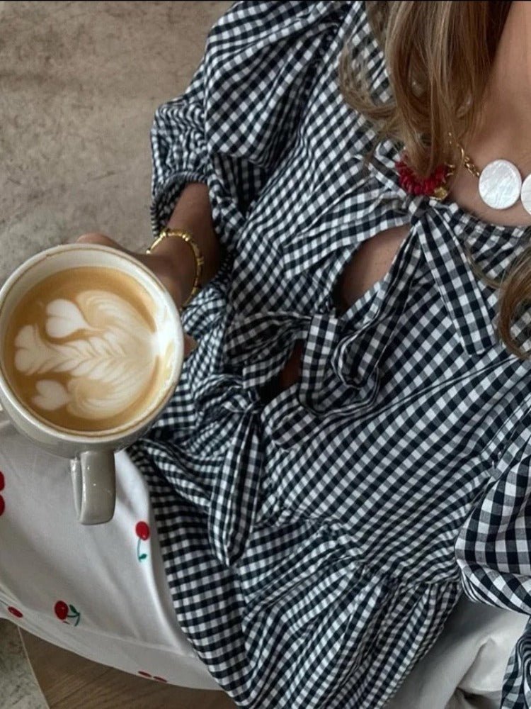 Striped Cotton Blouse Green Puff Sleeve Design with Tie Front - Product detail 5