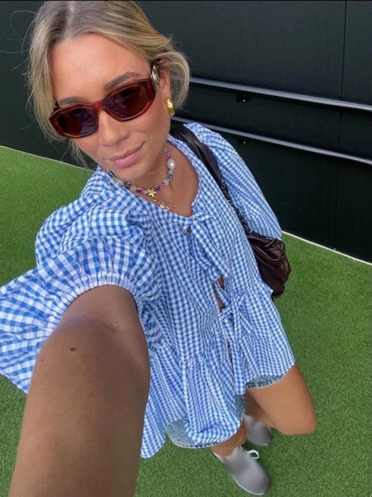 Striped Cotton Blouse Green Puff Sleeve Design with Tie Front - Product detail 6