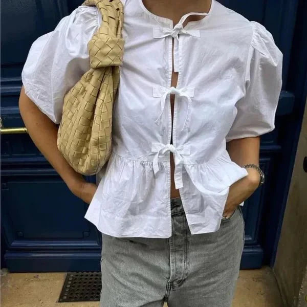 Striped Cotton Blouse Green Puff Sleeve Design with Tie Front - Product detail 11