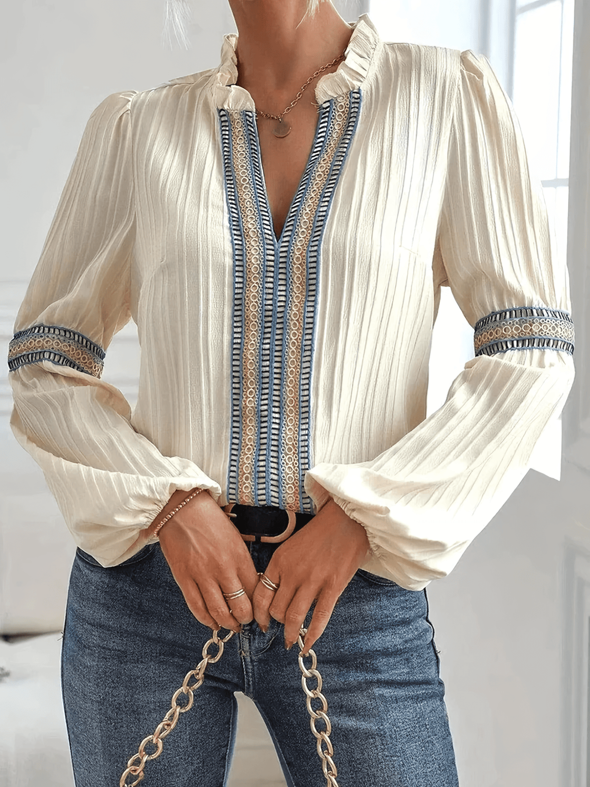 Elegant Pleated Blouse Embroidered Trim Long Sleeve Design - Product detail 5