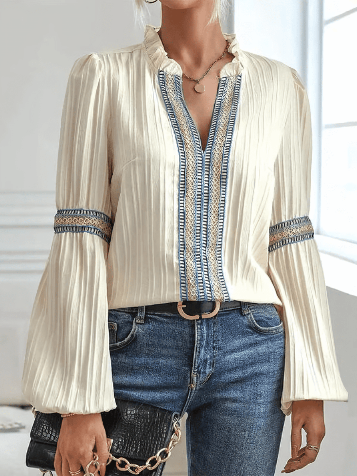 Elegant Pleated Blouse Embroidered Trim Long Sleeve Design - Product detail 4