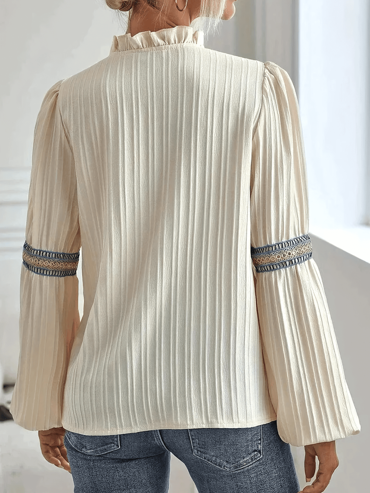Elegant Pleated Blouse Embroidered Trim Long Sleeve Design - Product example