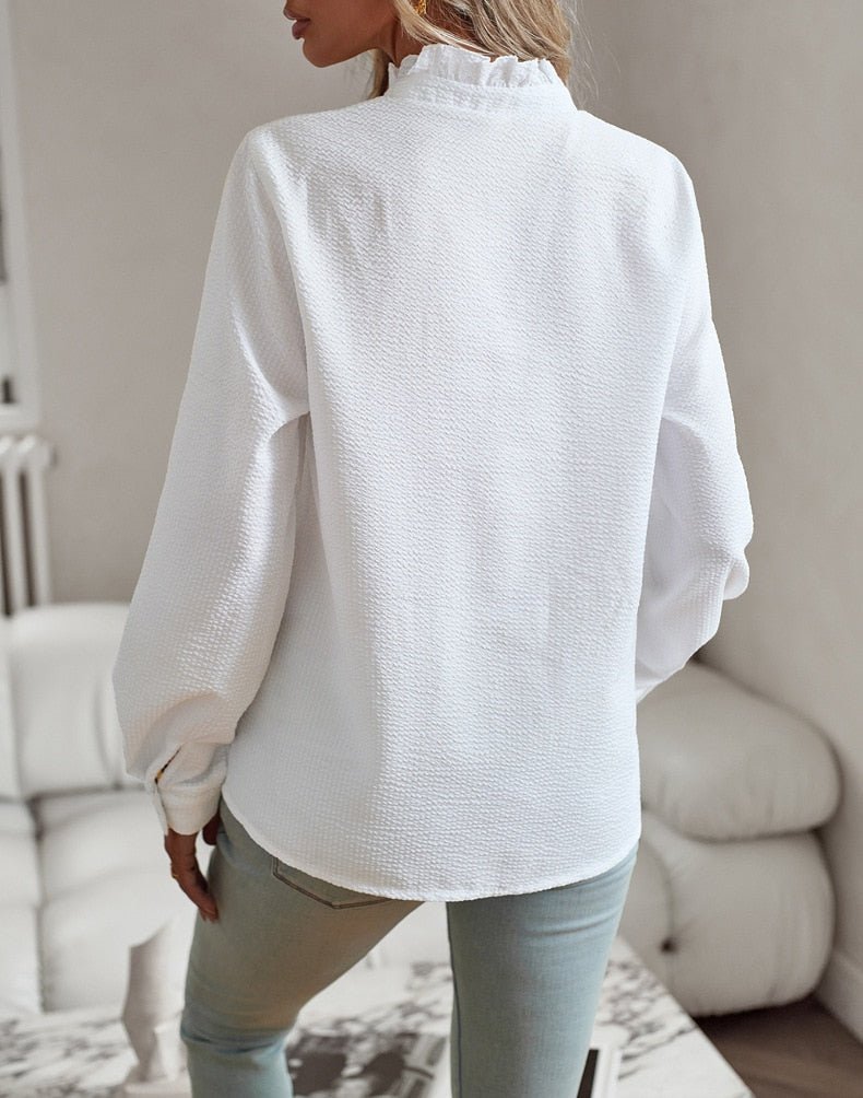 Elegant Ruffled Blouse White Cotton Button-Down - Product detail 4