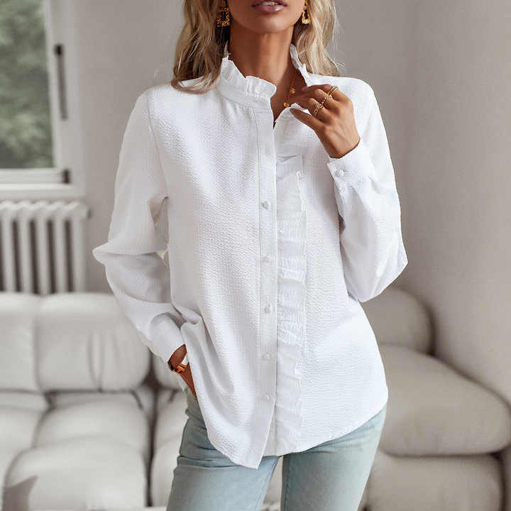Elegant Ruffled Blouse White Cotton Button-Down - Product example