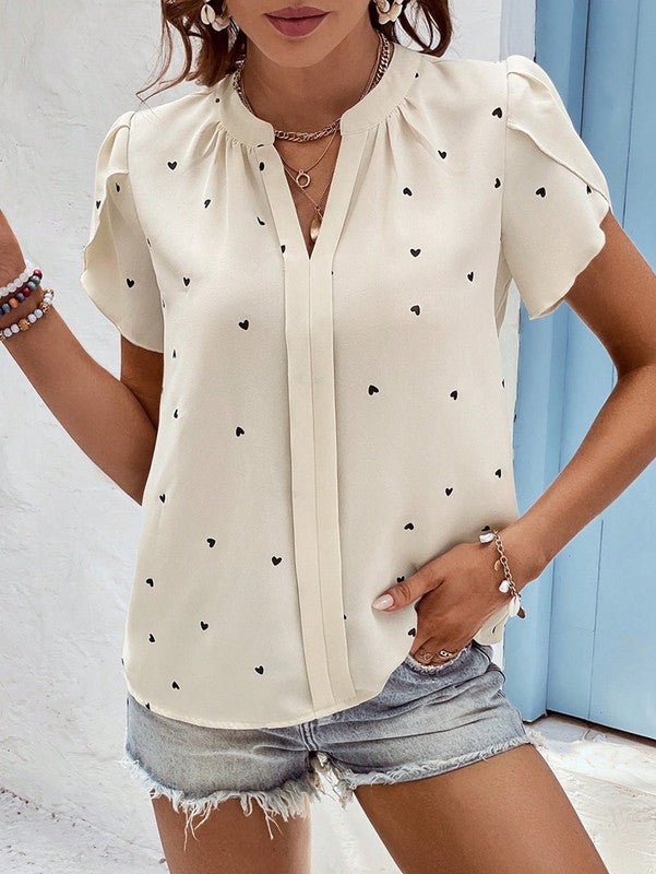 Heart Print Blouse Puff Sleeve V-Neck Design - Product showcase