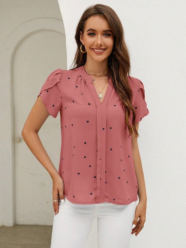 Heart Print Blouse Puff Sleeve V-Neck Design - Product detail 12