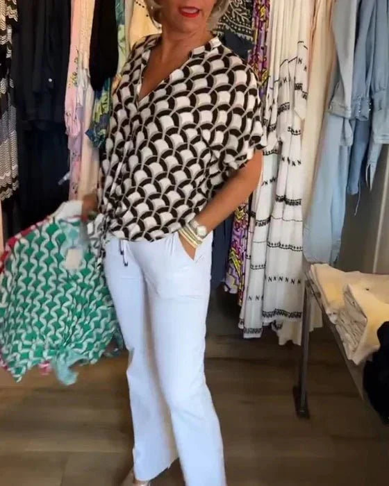 Geometric Print Blouse Art Deco Pattern Short Sleeve - Product example