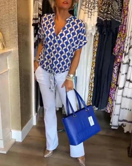 Geometric Print Blouse Art Deco Pattern Short Sleeve - Product detail 10