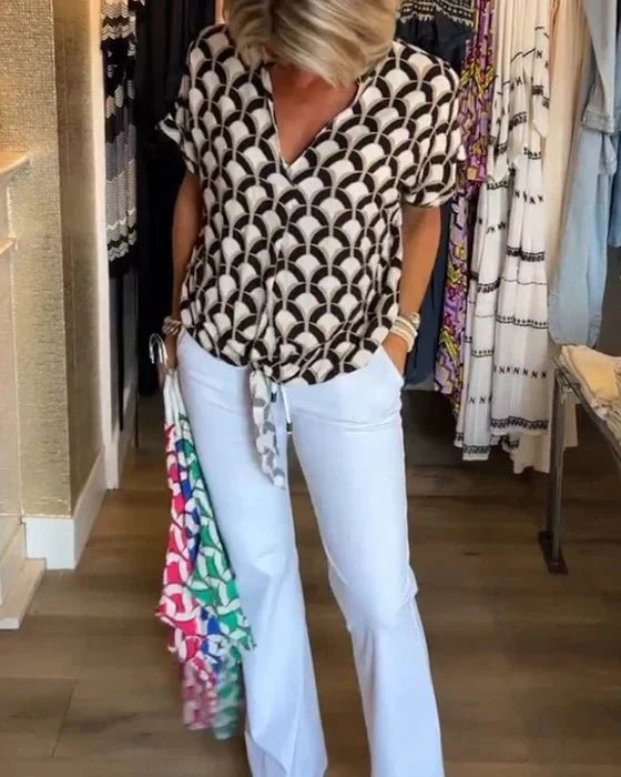 Geometric Print Blouse Art Deco Pattern Short Sleeve - Detailed view