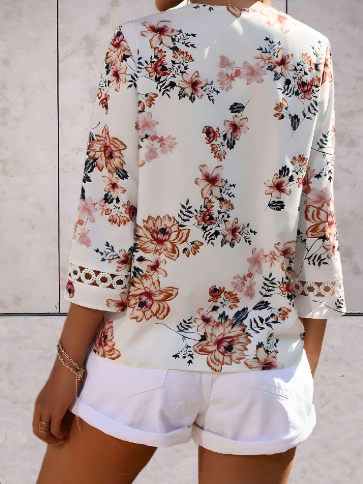 Floral V-Neck Blouse Lace Trim Summer Top - Product example