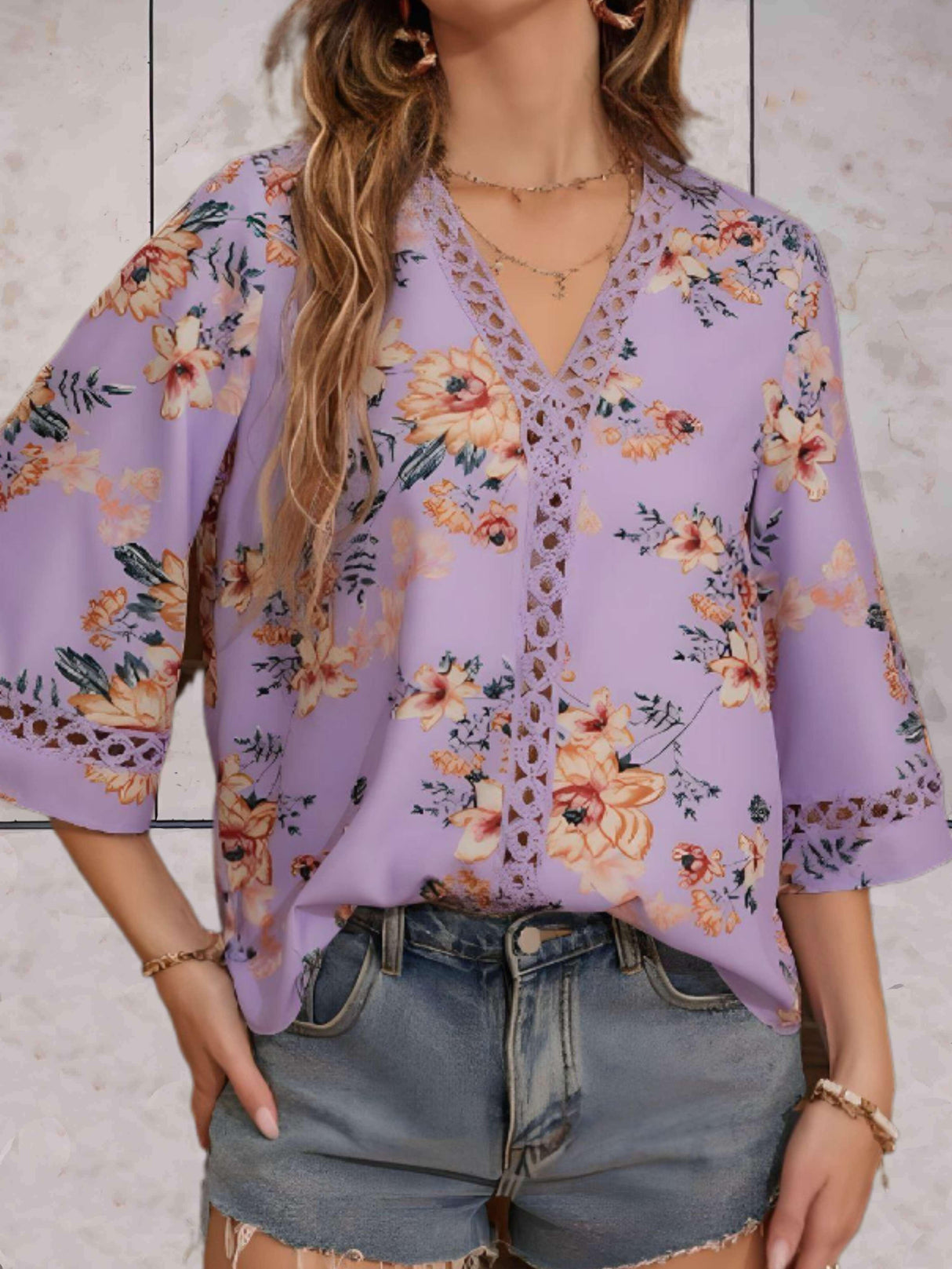 Floral V-Neck Blouse Lace Trim Summer Top - Product detail 9