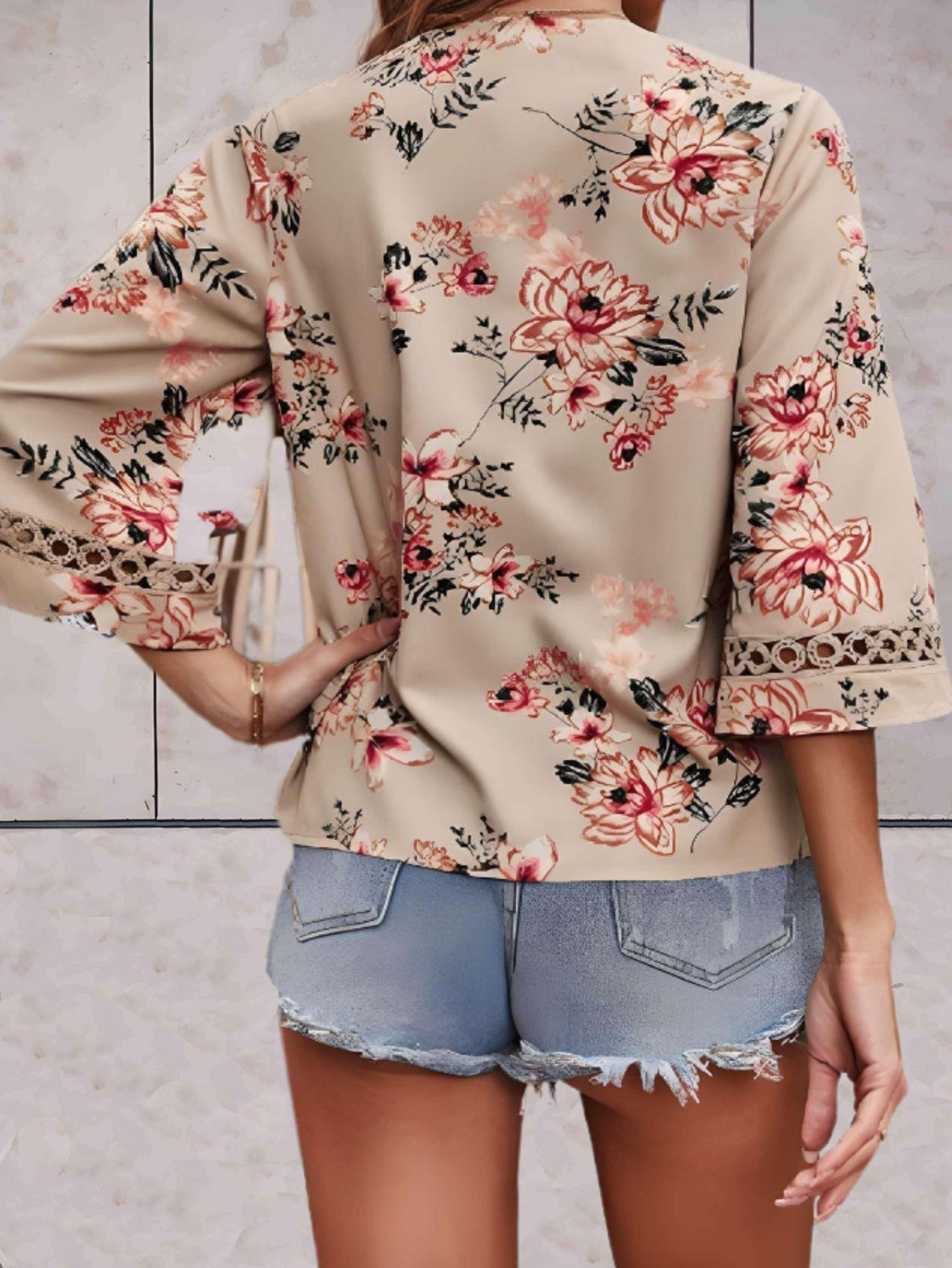 Floral V-Neck Blouse Lace Trim Summer Top - Product detail 6