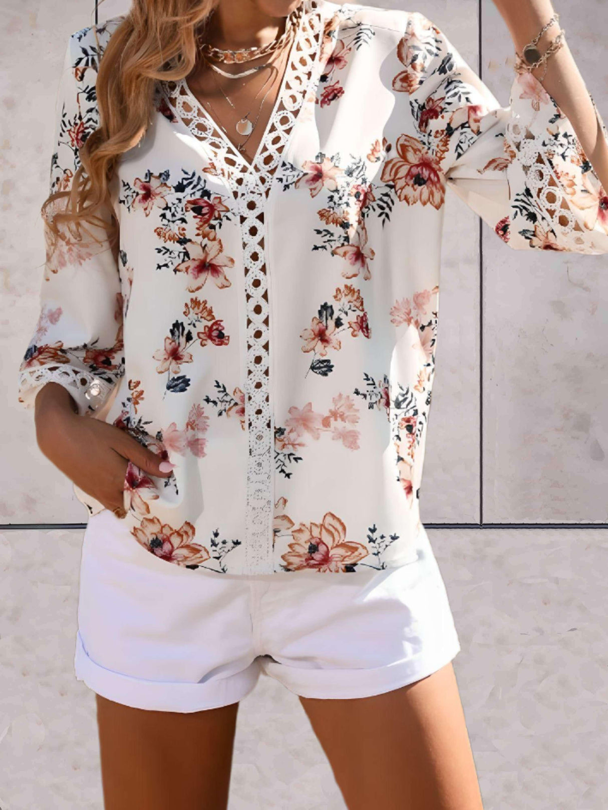 Floral V-Neck Blouse Lace Trim Summer Top - Detailed view