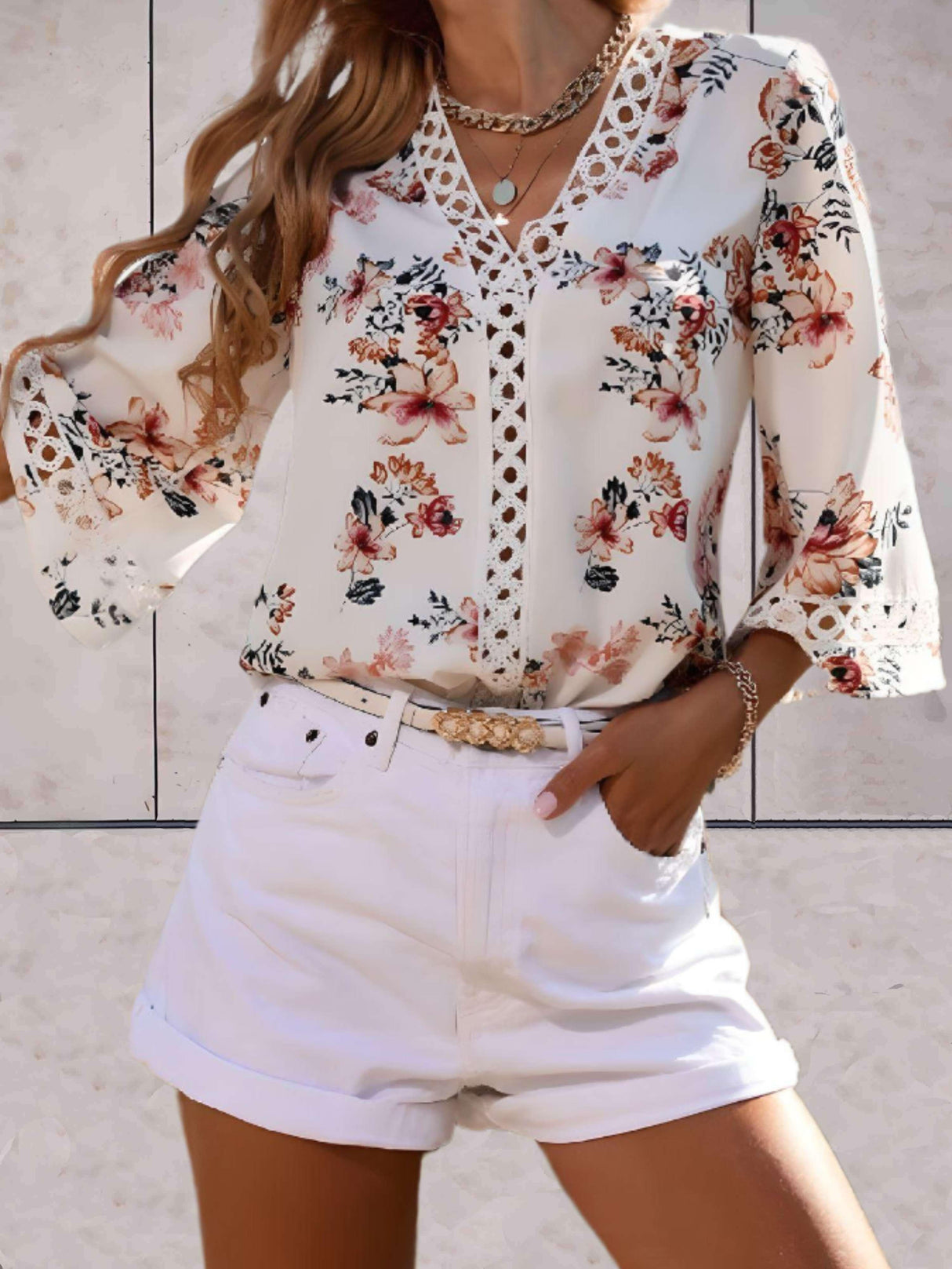 Floral V-Neck Blouse Lace Trim Summer Top - Product detail 7