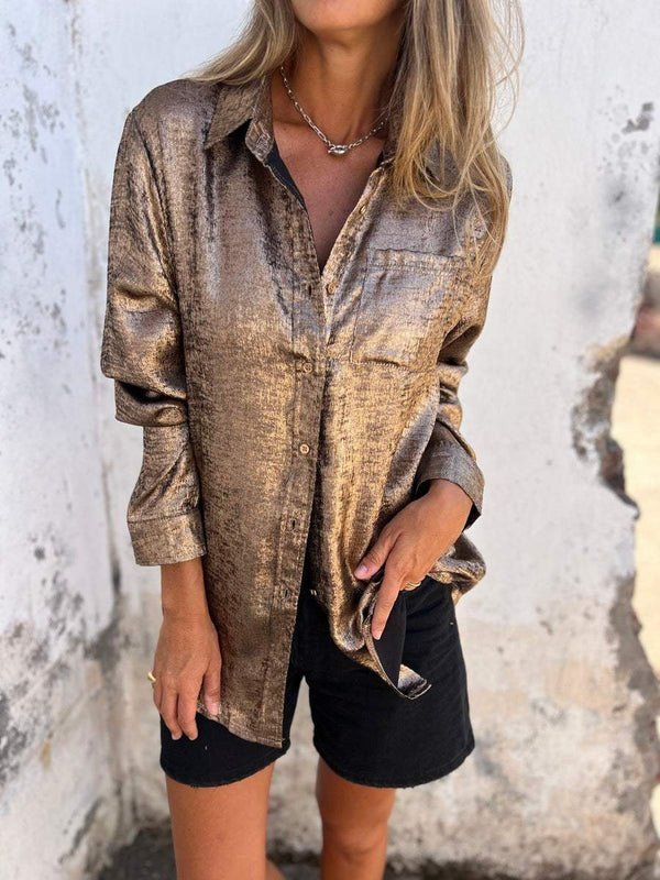 Metallic Button Down Shirt Bronze Shimmer Finish - Product showcase