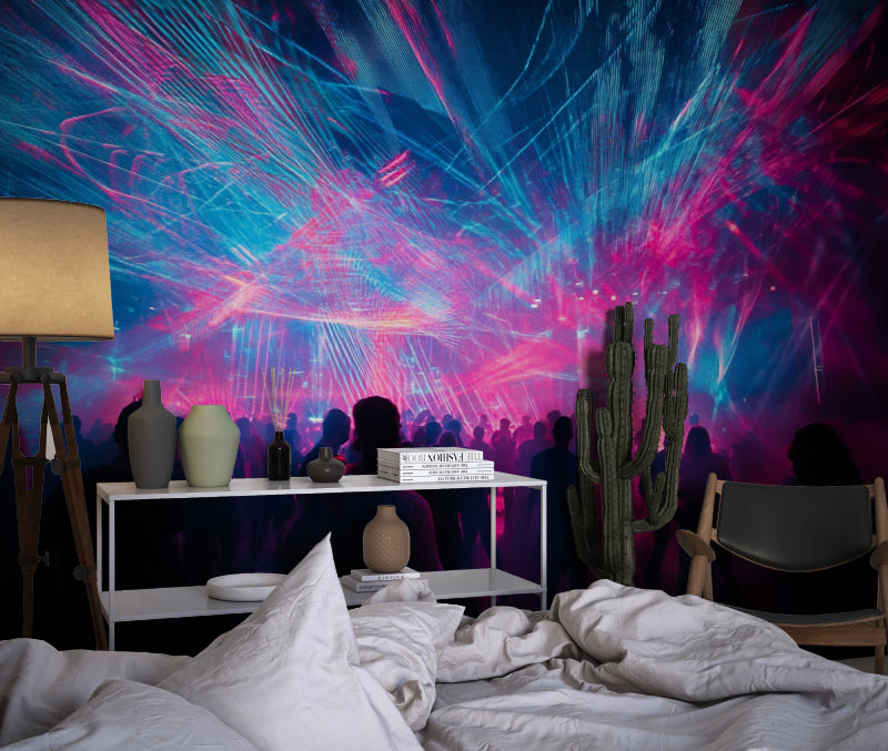 Music festival wallpaper bringing concert vibes to modern living room with electric blue and pink laser beams