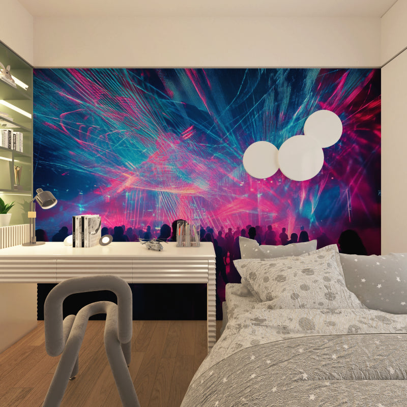 Teen bedroom transformed with music festival light show mural creating perfect party atmosphere