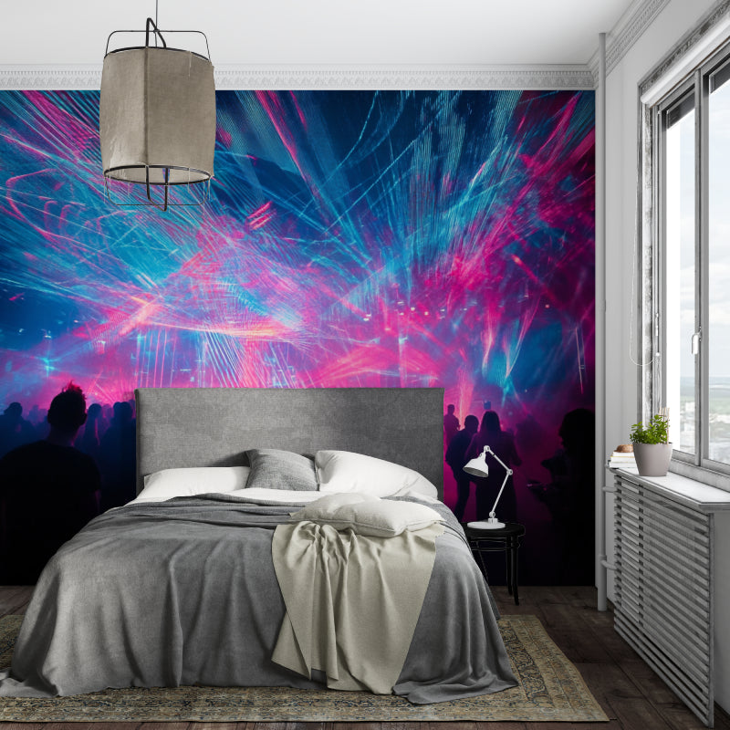 Home theater featuring dynamic concert light show wallpaper with neon effects