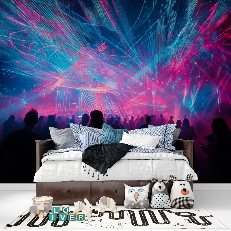 Music room showcasing festival light mural wallpaper with vibrant laser beam design