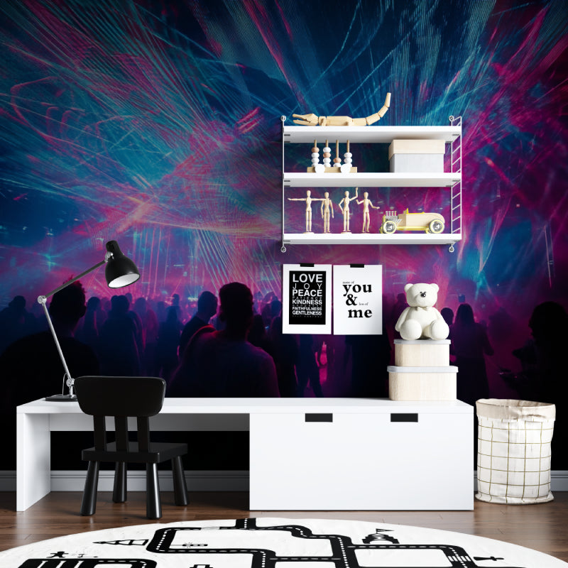 Gaming room with electric night sky light show mural creating immersive atmosphere