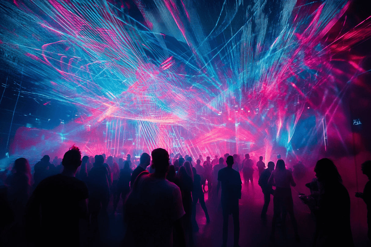 Music festival light show wallpaper design file showing detailed laser beam pattern on night sky background