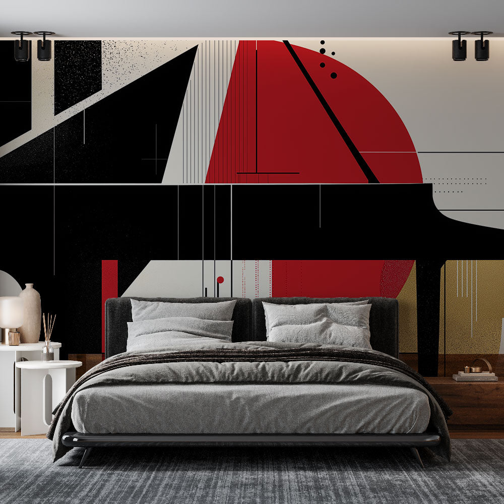 Modern music wall mural featuring geometric piano design in a contemporary living room setting with clean furniture