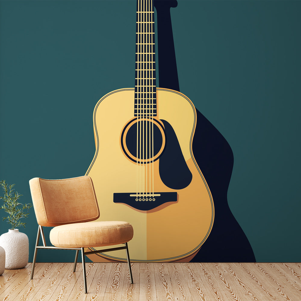 Modern acoustic guitar wall mural displayed in a contemporary living room with natural lighting