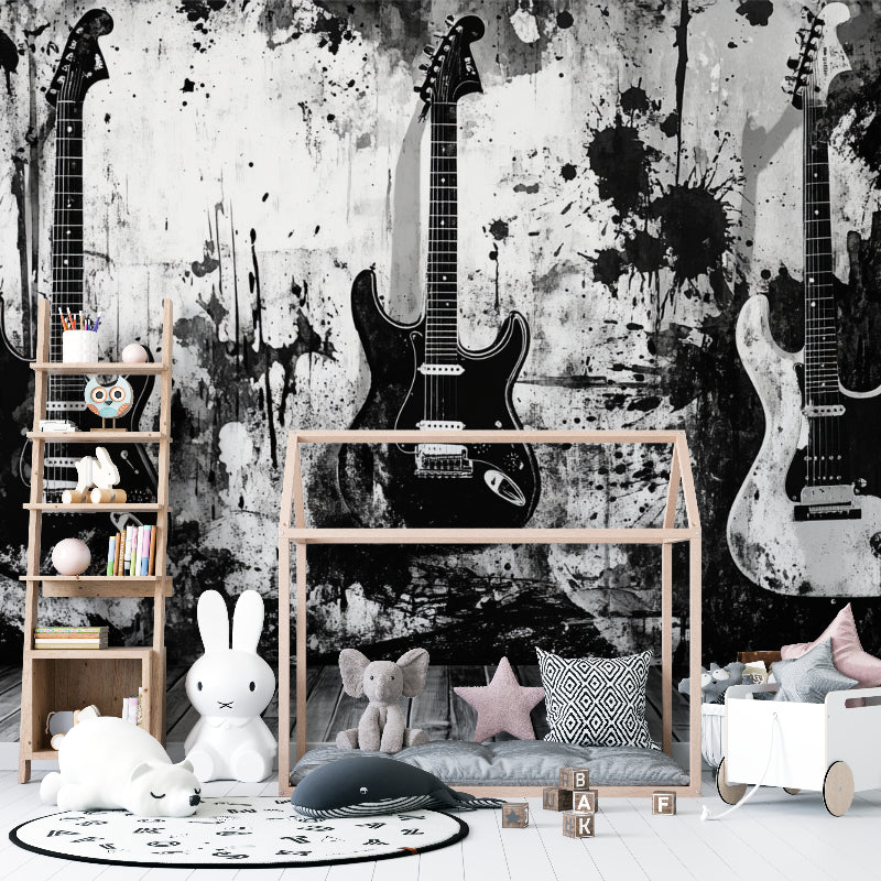 Guitar wallpaper design showcased in home music studio with instruments